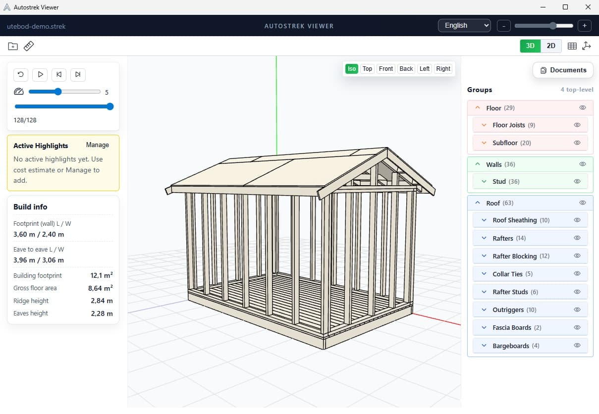 Autostrek Viewer displaying a timber building model